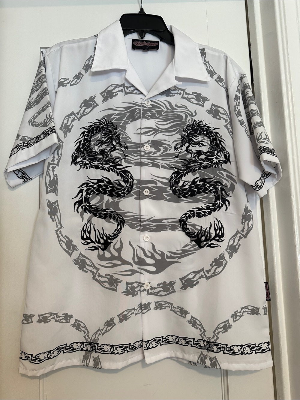 White Dragon Embroidered Graphic Short-Sleeve Button-Down Shirt